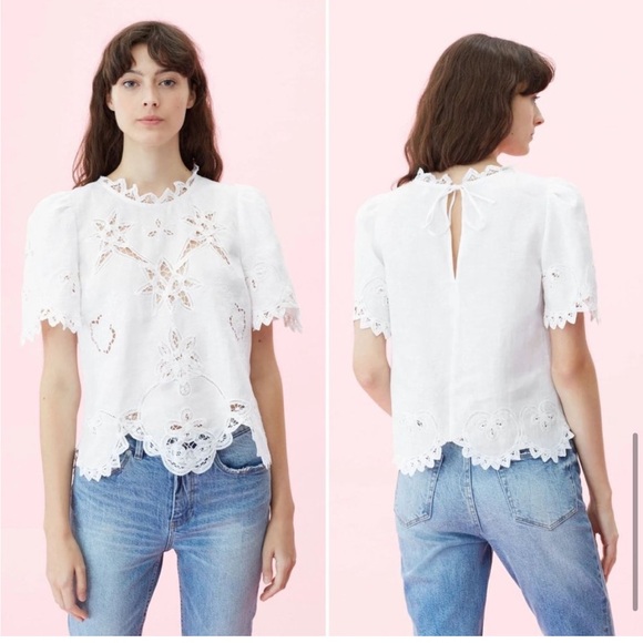 Rebecca Taylor Terri Top Embroidered Blouse Linen White Medium Milk - Picture 2 of 11